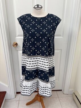 Navy and White Tiered Eyelet Sleeveless Swing Dress